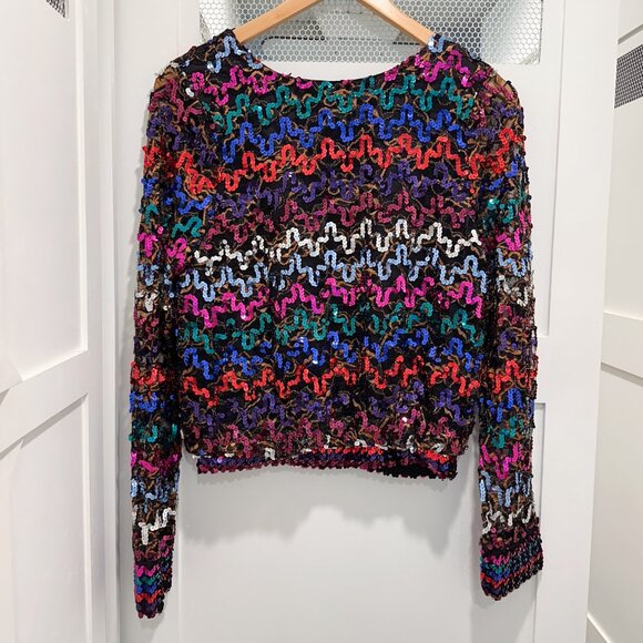 Vintage 80's Rainbow Sequins Sheer Disco Retro Shirt - Picture 8 of 12